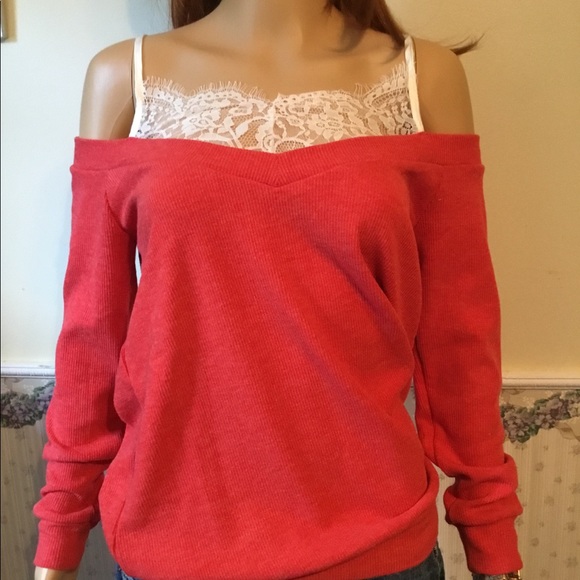 Sweatshirt in red-orange, with delicate lace tank - Picture 4 of 8